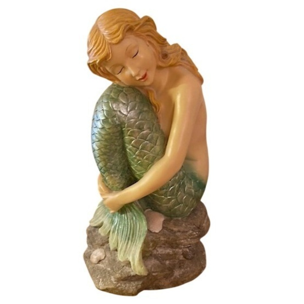 Mermaid Figurine Sitting on Rock Shells Iridescent Green Tail Statue 12 inch
